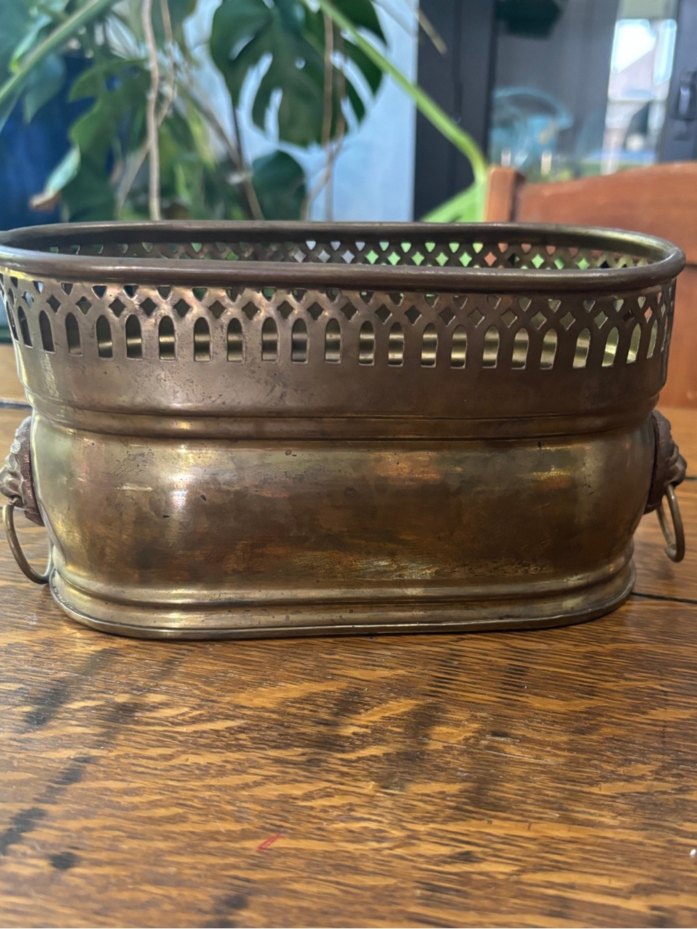 Vintage Solid Brass Oval Planter Cachepot Lion Head Ring Handles Pierced Rim